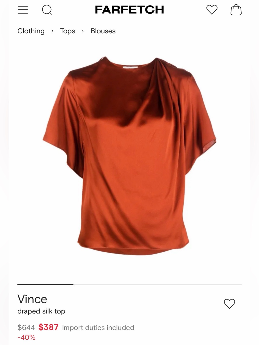Vince 100% Silk Draped Blouse Xl Copper Rust Short Sleeve Top